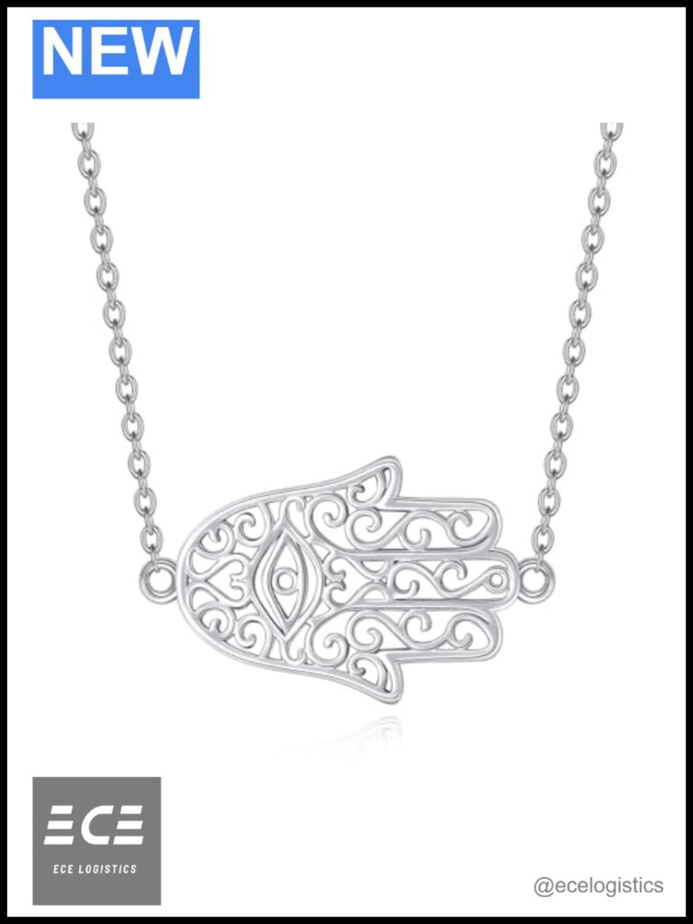 Hamsa Hand Evil Eye Pendant Necklace 925 Sterling Silver Rolo Chain